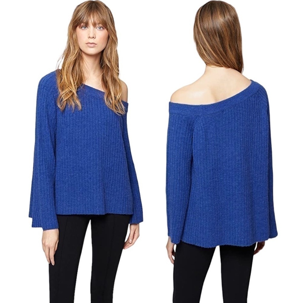 Sanctuary Aurelia Blue Alpaca Ribbed Knit One Shoulder Sweater Size L
